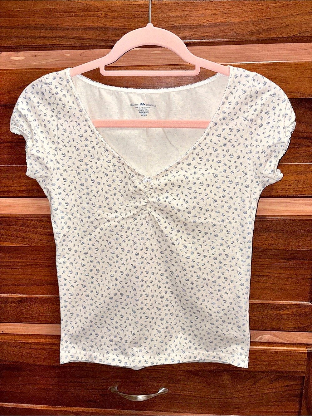 Brandy Melville NWOT Gina Top Floral Ruching Tee Yellow & Blue